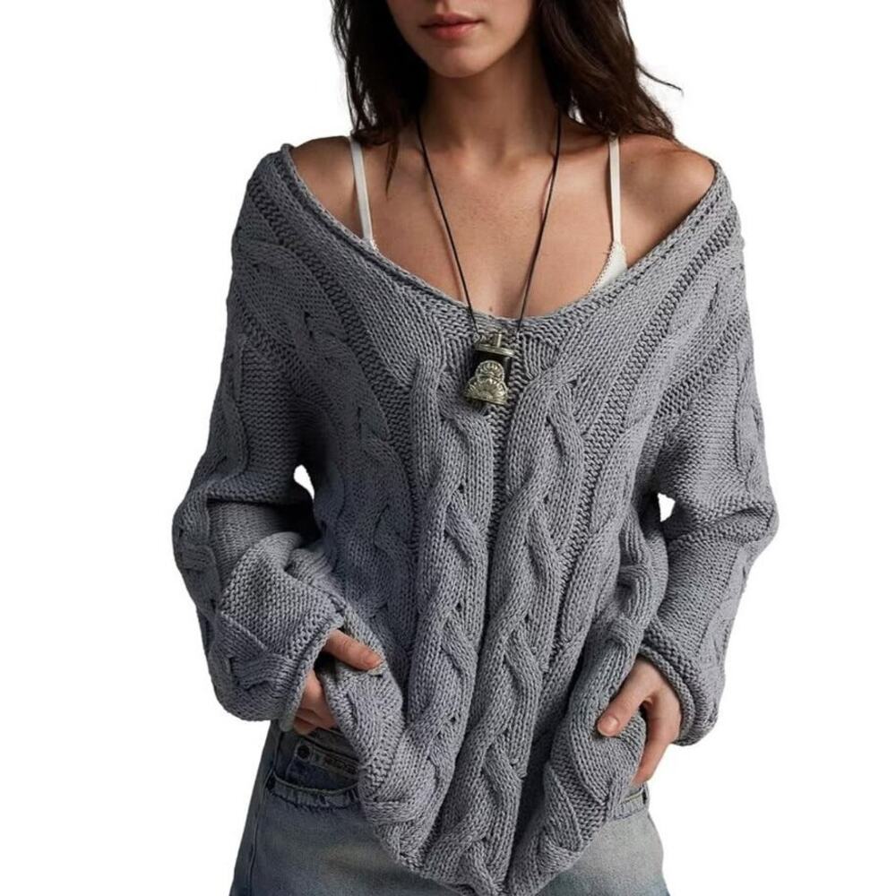 BDG Chunky Oversized Cable Knit Sweater V Neck Gray Grunge size Medium
